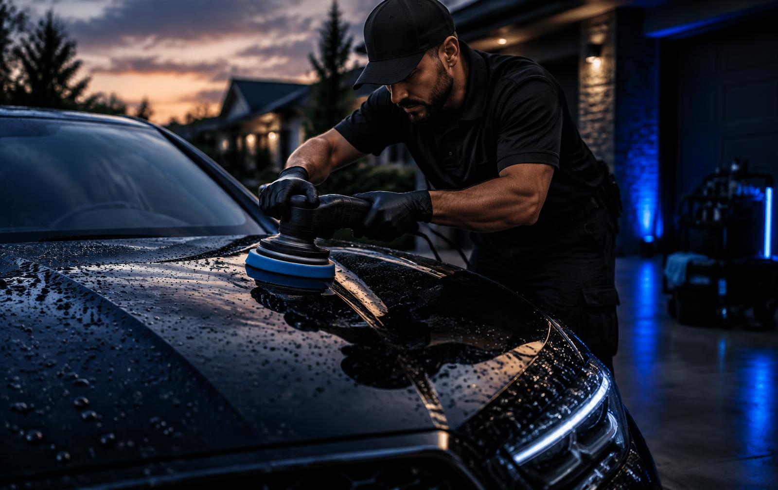 Technician polishing a car in a client's driveway